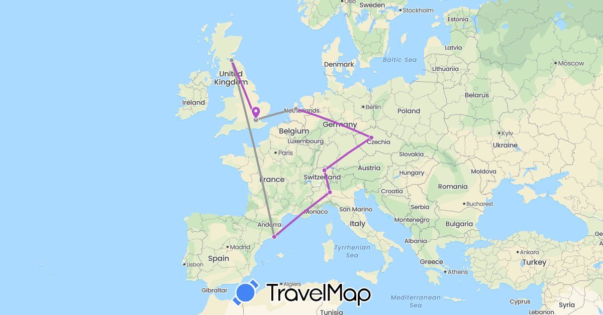 TravelMap itinerary: driving, plane, train in Switzerland, Czech Republic, Spain, United Kingdom, Italy, Netherlands (Europe)